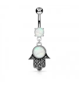 Пирсинг пупка банан PiercedFish N18111 с подвеской в форме амулета Хамса и имитацией опала