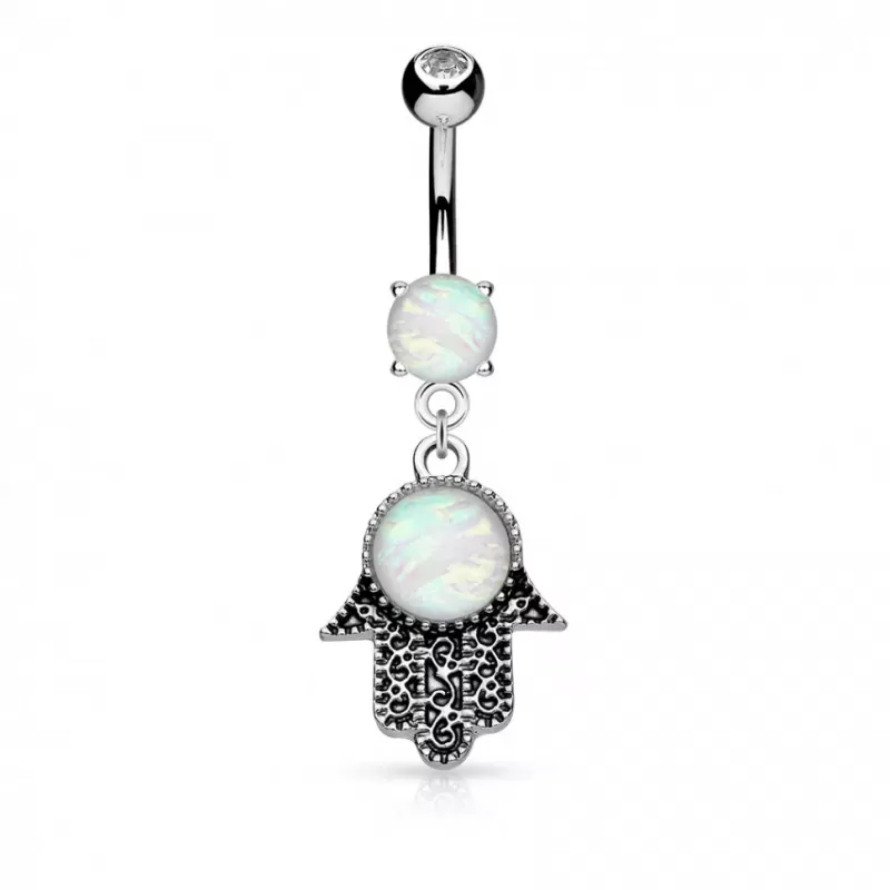 Пирсинг пупка банан PiercedFish N18111 с подвеской в форме амулета Хамса и имитацией опала