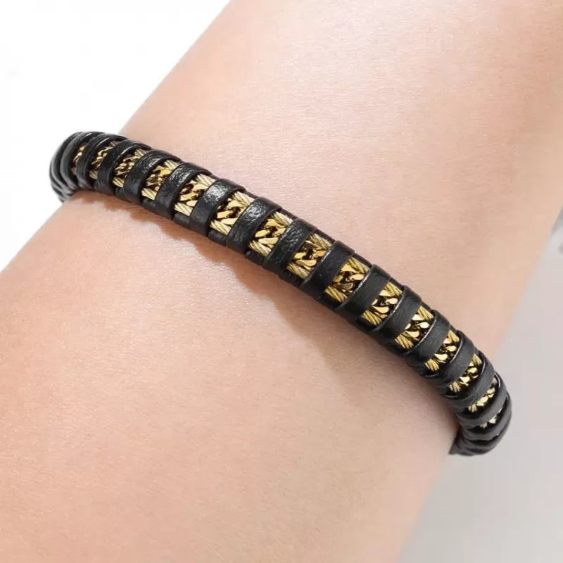 Мужской черный браслет TATIC SLQ-1004 из стали и экокожи