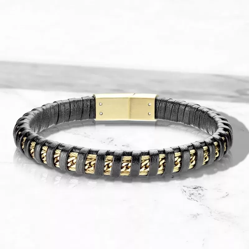 Мужской черный браслет TATIC SLQ-1004 из стали и экокожи