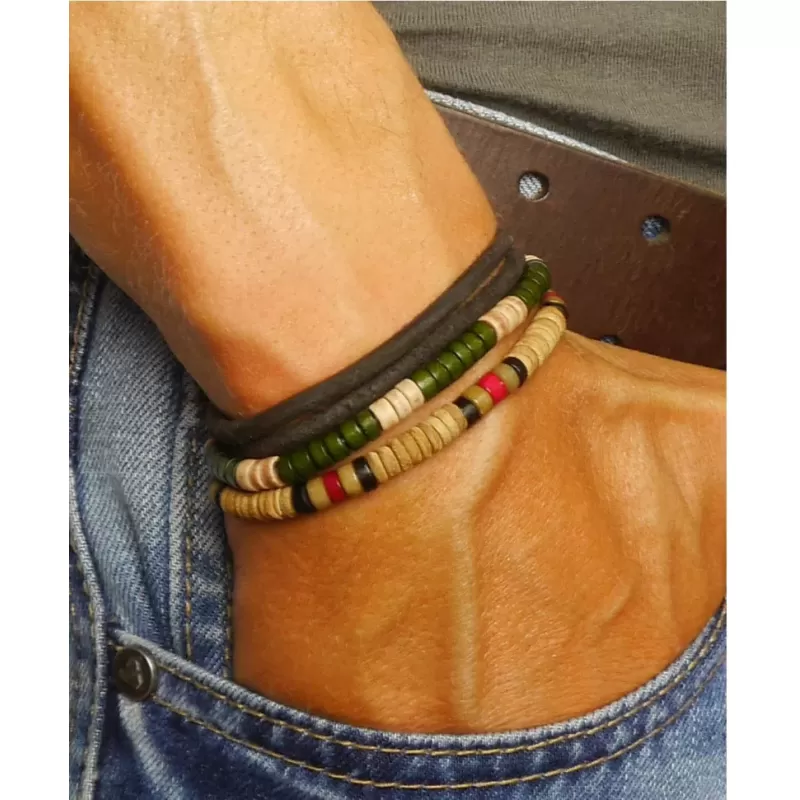 Набор мужских браслетов из кожи, дерева и кости  Local League CS-LBM20