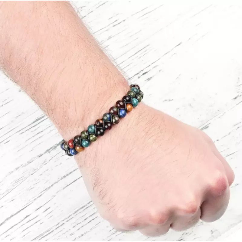 Браслет Шамбала Everiot Select LNS-2240 из змеевика, апатита, лазурита, обсидиана, яшмы, камней тигровый и бычий глаз