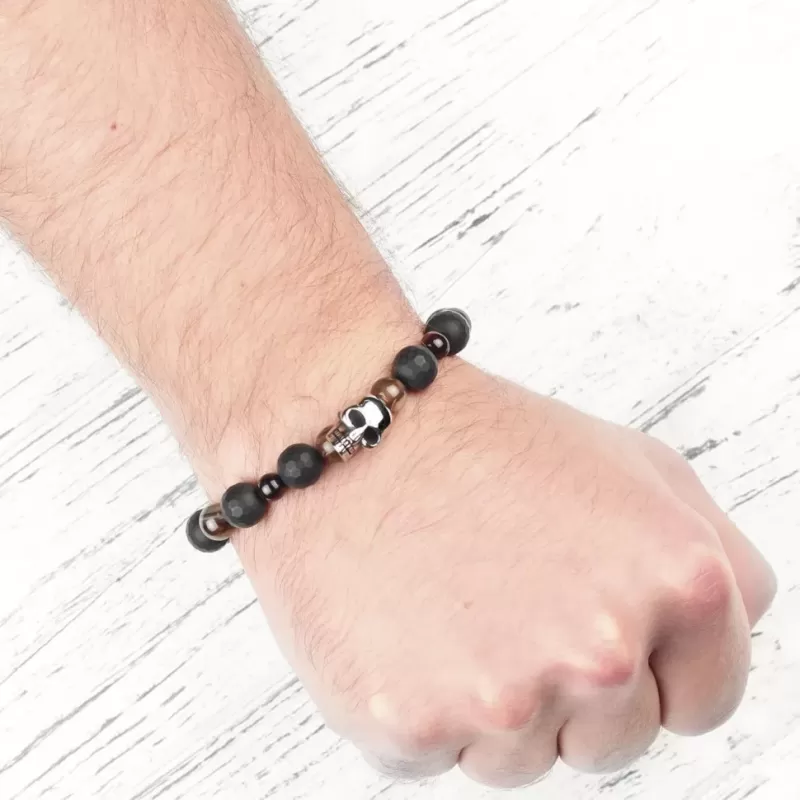 Мужской браслет Шамбала Everiot Select LNS-3003 из агата и камня бычий глаз с черепом