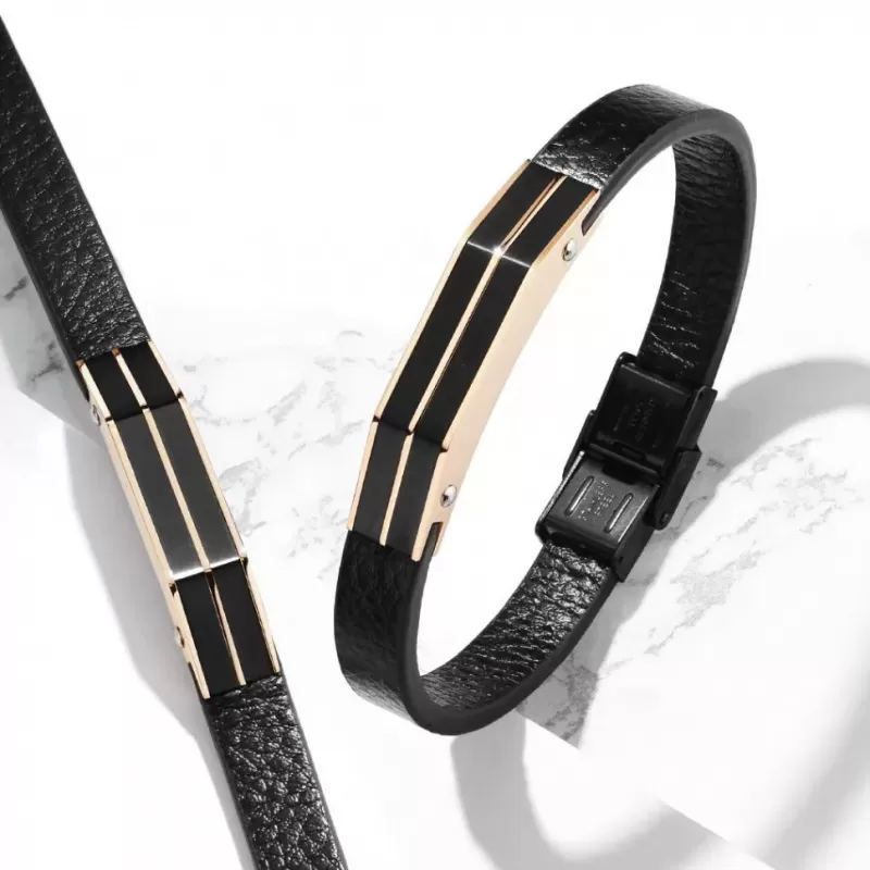 Черный мужской браслет из экокожи TATIC SLQ-1009R со стальной вставкой