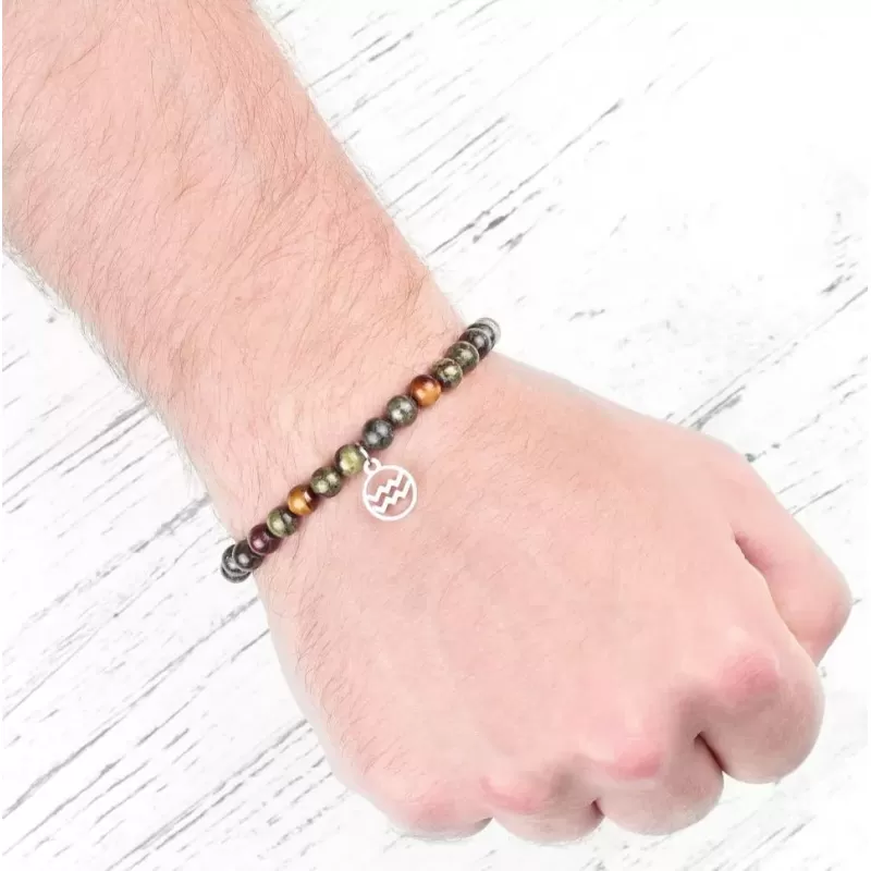 Браслет со знаками зодиака на резинке Everiot Select LNS-6023 из яшмы и камня тигровый глаз