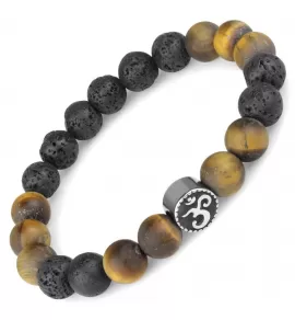 Мужской браслет на резинке Everiot Select LNS-2284 из лавы и камня тигровый глаз со знаком Ом