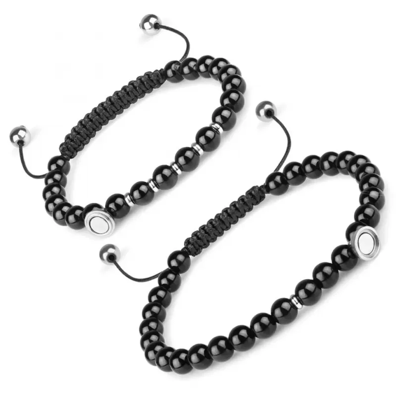 Парный браслет Шамбала Everiot Select LNS-7007 из черного агата с магнитной полусферой
