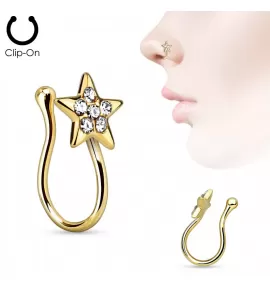 Серьга пирсинг-обманка (клипса) в крыло носа PiercedFish NOCL05-GDC с прозрачными кристаллами