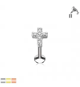 Серьга микролабрет "Крестик" для пирсинга Монро или хряща уха PiercedFish LIQ07 из стали с фианитами