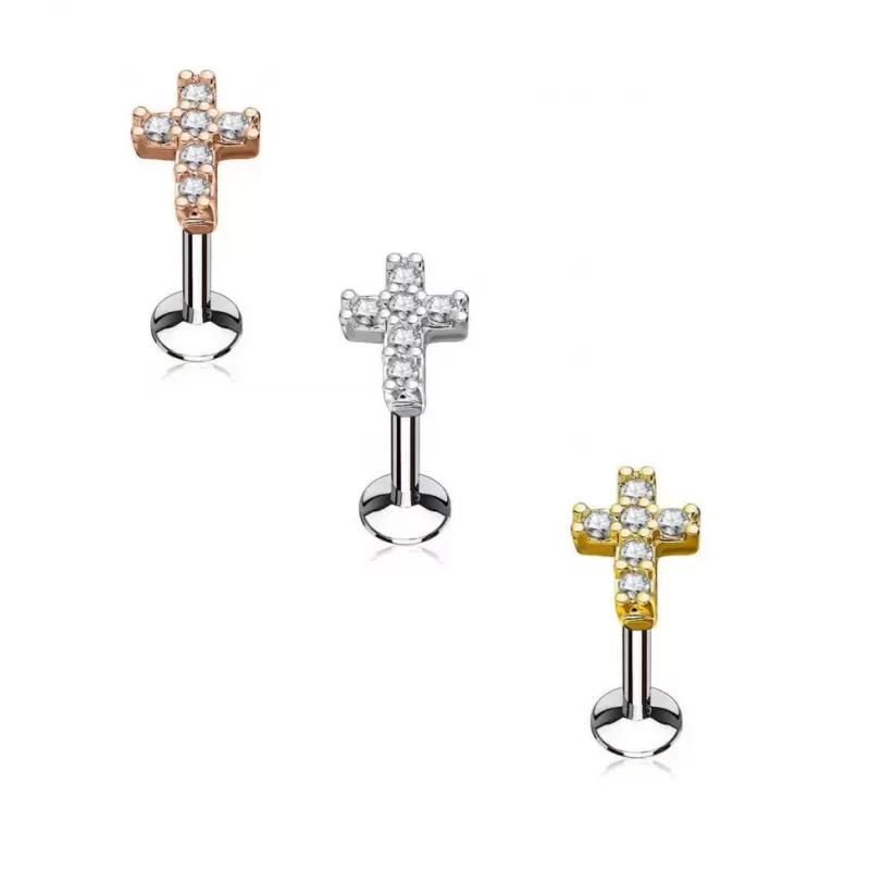 Серьга микролабрет "Крестик" для пирсинга Монро или хряща уха PiercedFish LIQ07 из стали с фианитами