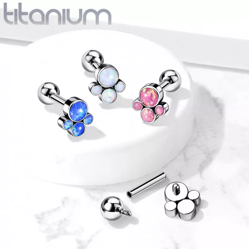 Титановая пирсинг штанга в хрящ уха, хеликс, трагус Pirslab TIJ09-OP17 накрутка кластер с опалом