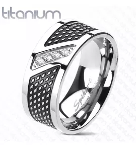 Кольцо мужское из титана Spikes R-TI-4311 с черной полоской и фианитами по центру