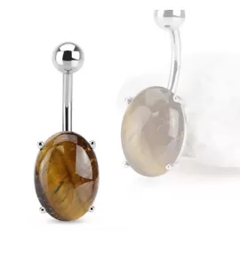 Серьга банан для пирсинга пупка PiercedFish NS77-03 с камнем тигровый глаз