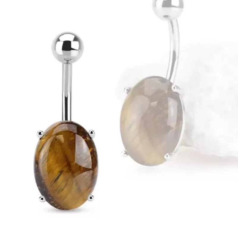 Серьга банан для пирсинга пупка PiercedFish NS77-03 с камнем тигровый глаз