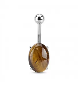 Серьга банан для пирсинга пупка PiercedFish NS77-03 с камнем тигровый глаз