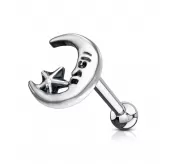 Серьга микроштанга для пирсинга уха, хряща, хеликса, козелка PiercedFish JA1043 из стали с луной и звездой