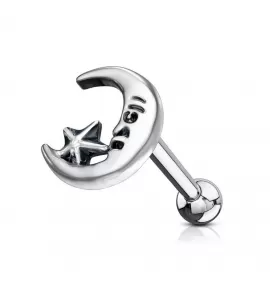 Серьга микроштанга для пирсинга уха, хряща, хеликса, козелка PiercedFish JA1043 из стали с луной и звездой