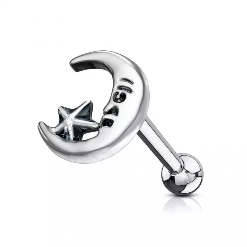 Серьга микроштанга для пирсинга уха, хряща, хеликса, козелка PiercedFish JA1043 из стали с луной и звездой