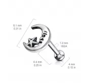 Серьга микроштанга для пирсинга уха, хряща, хеликса, козелка PiercedFish JA1043 из стали с луной и звездой