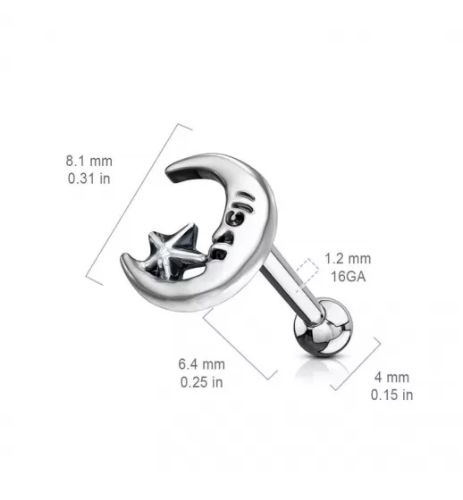 Серьга микроштанга для пирсинга уха, хряща, хеликса, козелка PiercedFish JA1043 из стали с луной и звездой