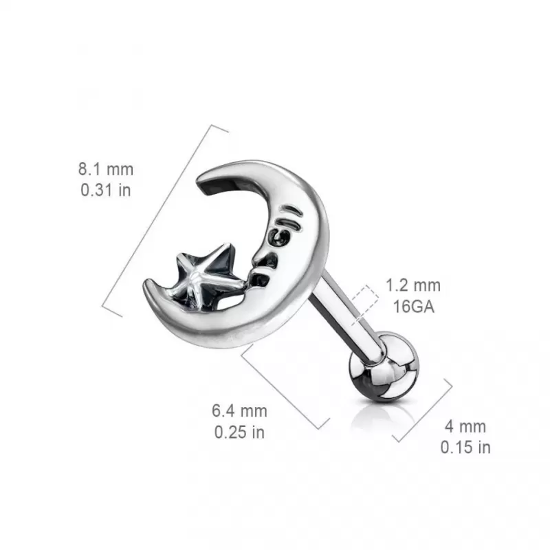 Серьга микроштанга для пирсинга уха, хряща, хеликса, козелка PiercedFish JA1043 из стали с луной и звездой