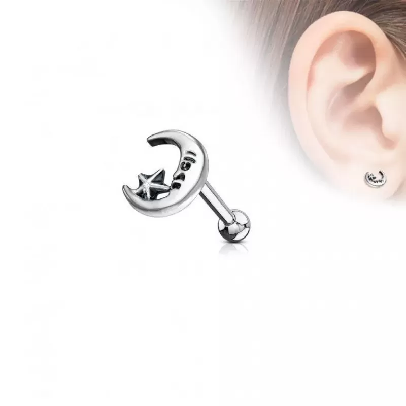 Серьга микроштанга для пирсинга уха, хряща, хеликса, козелка PiercedFish JA1043 из стали с луной и звездой