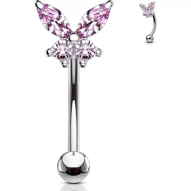 Штанга для пирсинга брови из стали с фианитами в форме бабочки PiercedFish ESC10