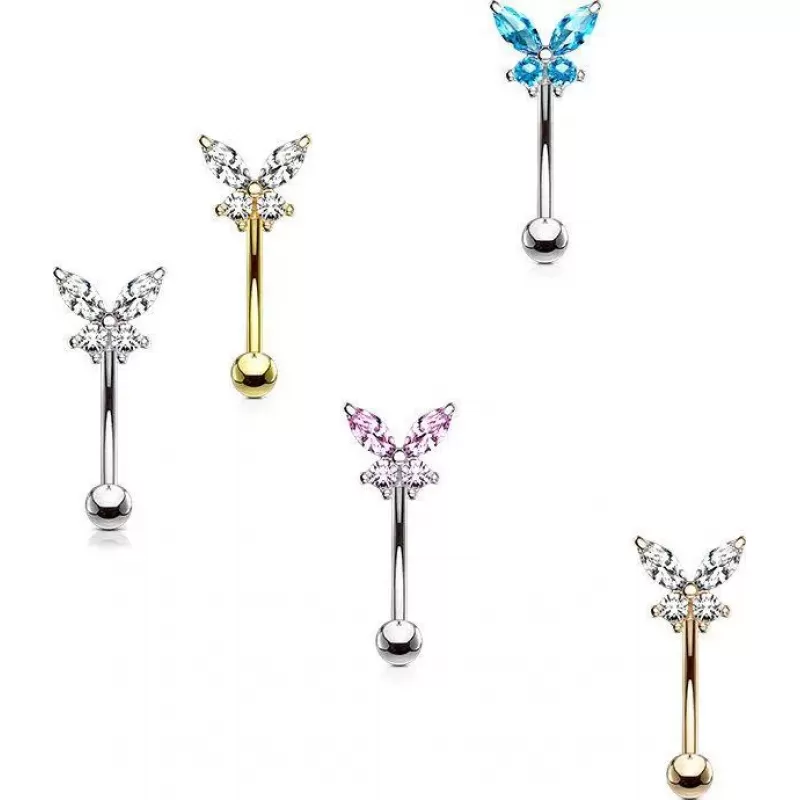 Штанга для пирсинга брови из стали с фианитами в форме бабочки PiercedFish ESC10