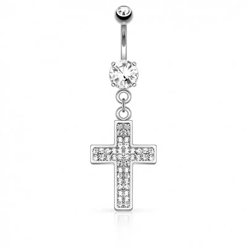 Серьга банан для пирсинга пупка PiercedFish N15618 в виде креста с фианитами