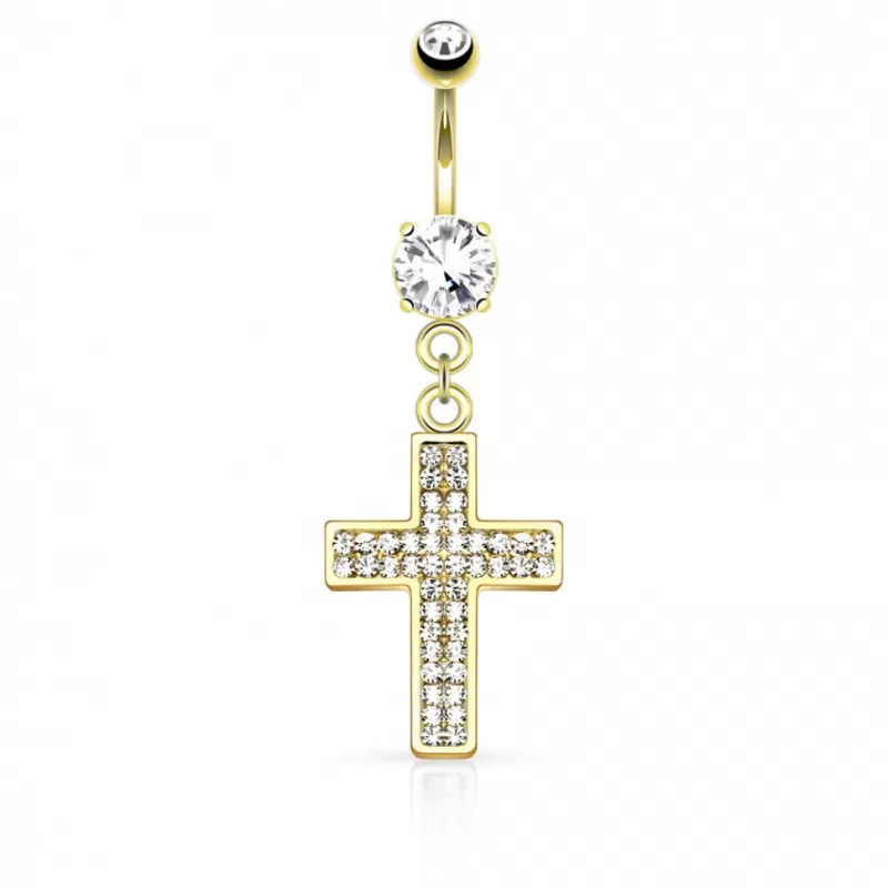 Серьга банан для пирсинга пупка PiercedFish N15618 в виде креста с фианитами