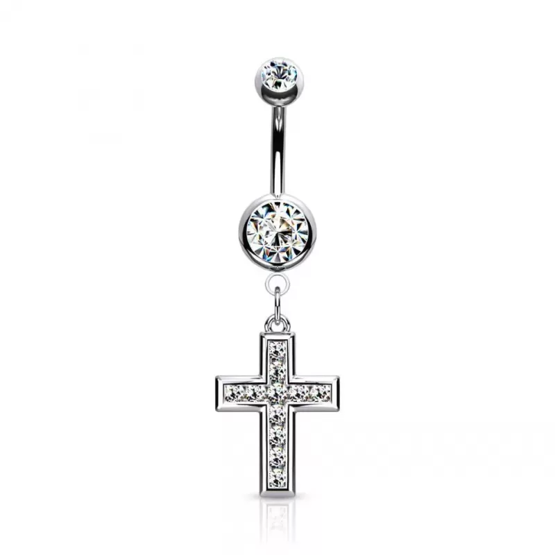 Серьга банан для пирсинга пупка PiercedFish NSE004 в виде креста с фианитами