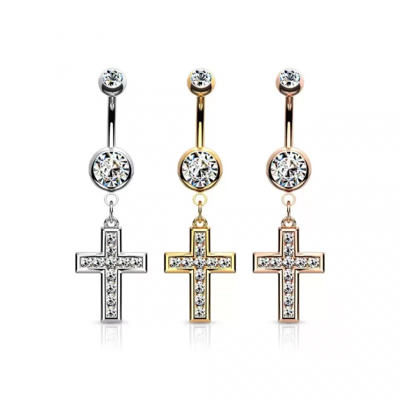 Серьга банан для пирсинга пупка PiercedFish NSE004 в виде креста с фианитами