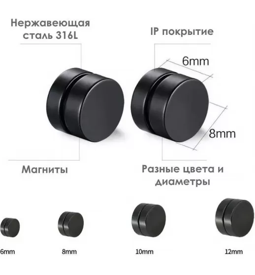 Серьги-клипсы из стали на магните Everiot MG-8 (фейк-плаги)