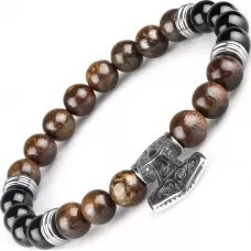 Мужской браслет на резинке Everiot Select LNS-0263 из агата и бронзита с молотом Тора