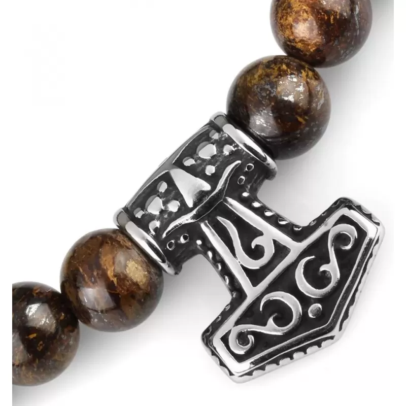 Мужской браслет на резинке Everiot Select LNS-0263 из агата и бронзита с молотом Тора