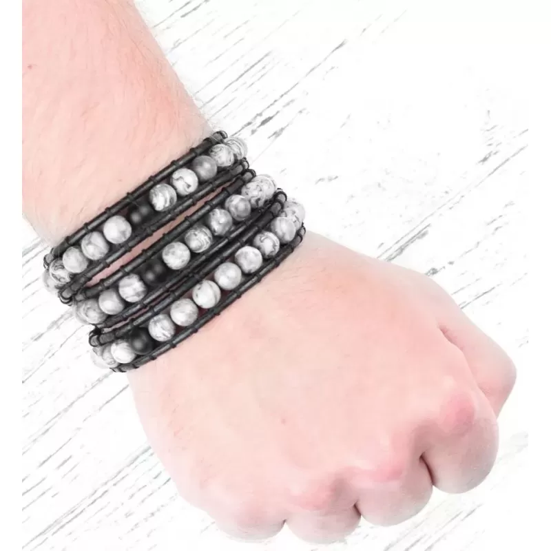 Браслет-намотка из яшмы и кожаного шнура Everiot Select LNS-3119-L плетеный