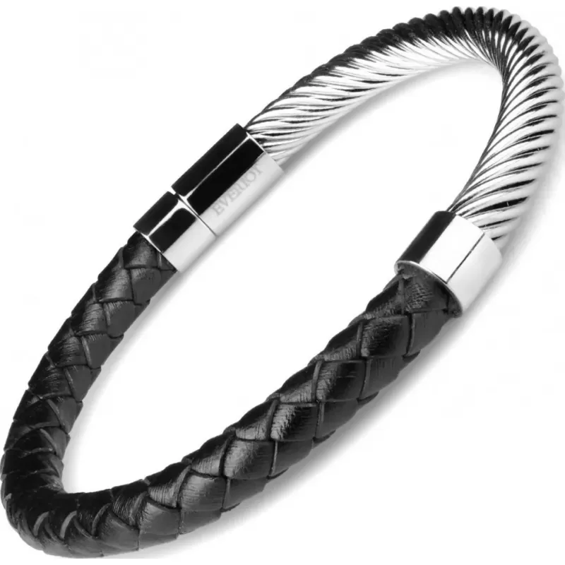 Кожаный жесткий браслет мужской Everiot BC-MJ-1623 с металлической вставкой