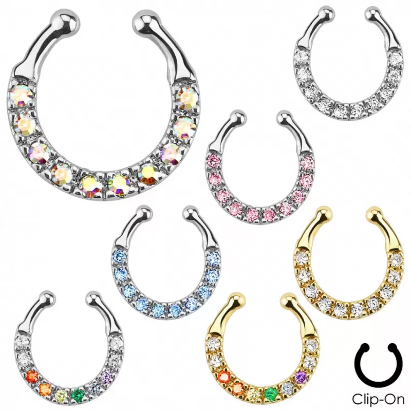 Фейк-септум (клипса подкова) PiercedFish --SEPR-22, серьга обманка для имитации пирсинга носа, с фианитами