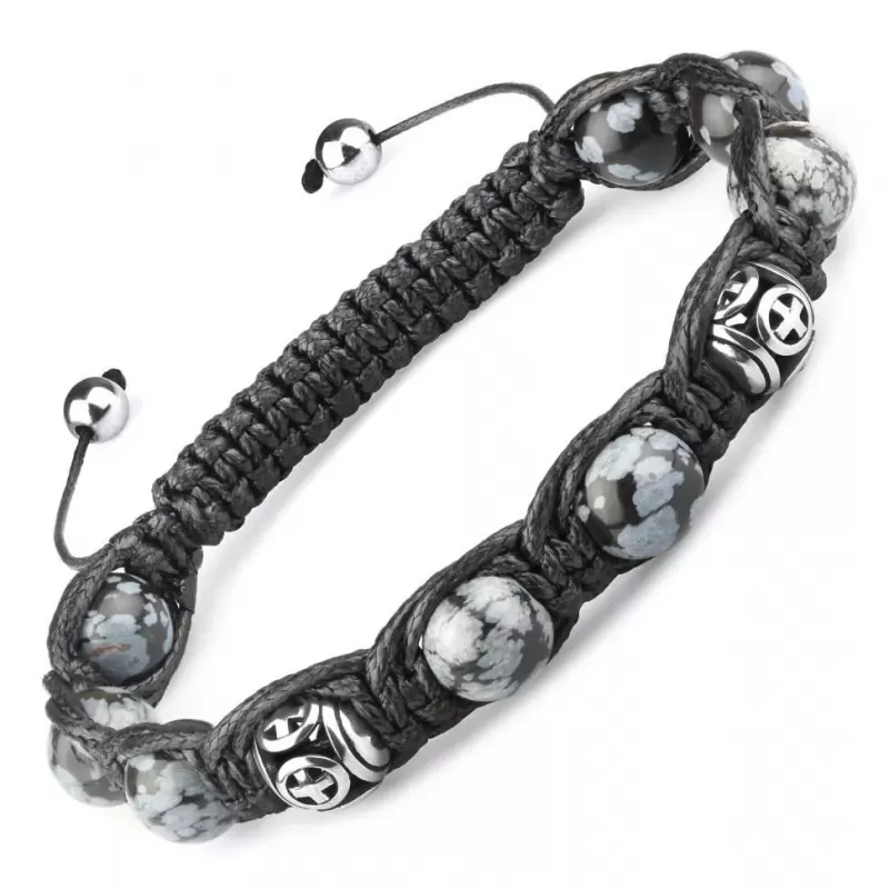 Браслет Шамбала из обсидиана, стальных бусин с крестами Everiot Select LNS-2151