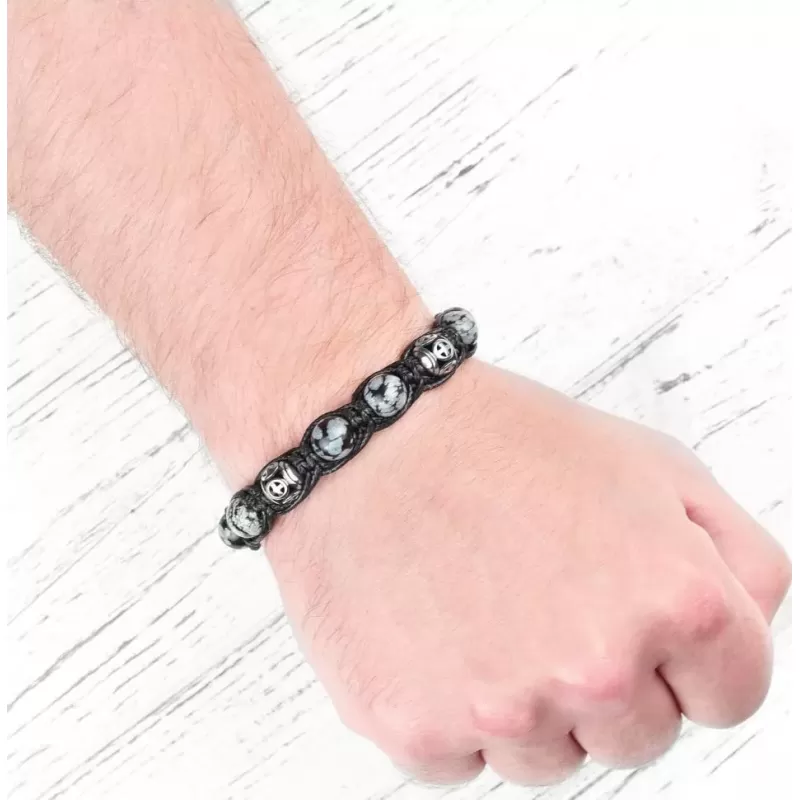 Браслет Шамбала из обсидиана, стальных бусин с крестами Everiot Select LNS-2151