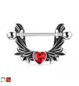 Штанга для пирсинга сосков PiercedFish K11116 с крыльями, сердцем и кристаллом