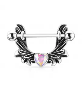 Штанга для пирсинга сосков PiercedFish K11116 с крыльями, сердцем и кристаллом
