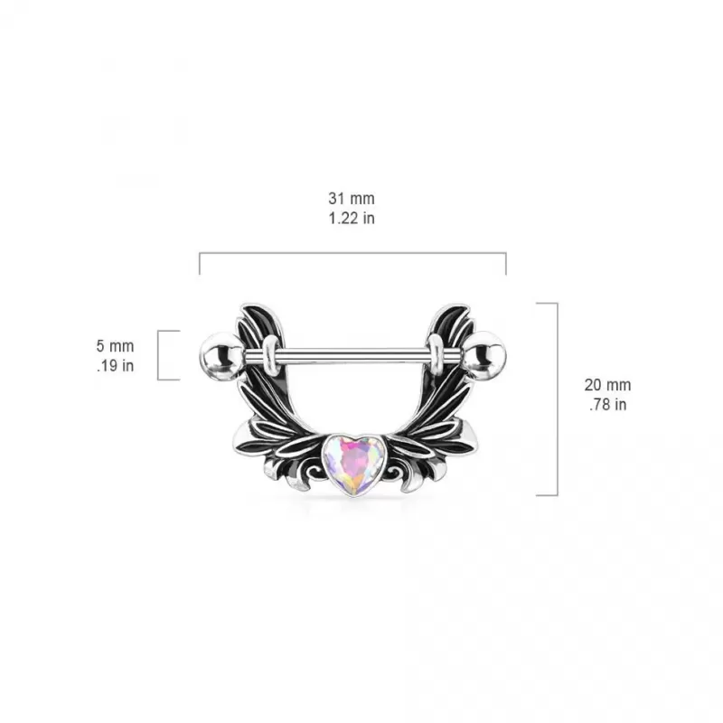 Штанга для пирсинга сосков PiercedFish K11116 с крыльями, сердцем и кристаллом