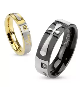 Кольцо из стали Spikes --R-M2958 с надписью "Love", крестом и фианитами