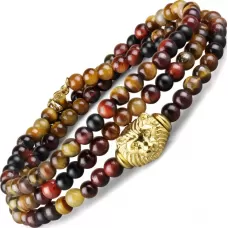 Браслет в три оборота с головой льва Everiot Select LNS-2030 из агата, камней бычий и тигровый глаз