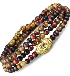 Браслет в три оборота с головой льва Everiot Select LNS-2030 из агата, камней бычий и тигровый глаз