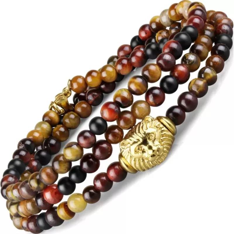 Браслет в три оборота с головой льва Everiot Select LNS-2030 из агата, камней бычий и тигровый глаз