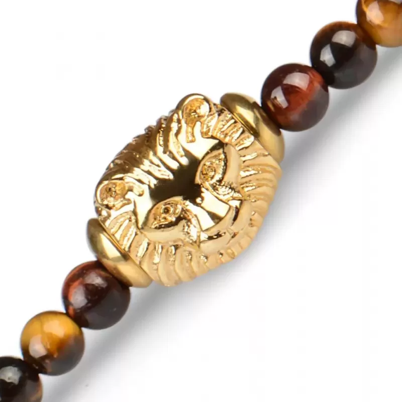 Браслет в три оборота с головой льва Everiot Select LNS-2030 из агата, камней бычий и тигровый глаз