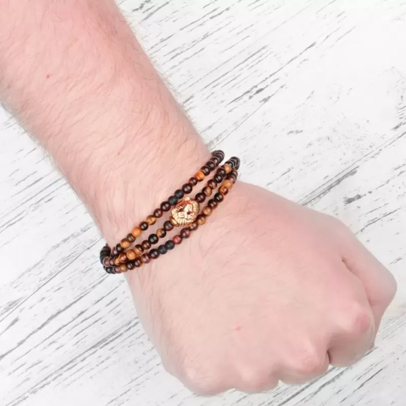 Браслет в три оборота с головой льва Everiot Select LNS-2030 из агата, камней бычий и тигровый глаз