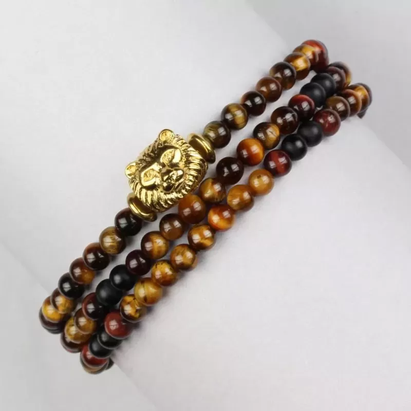 Браслет в три оборота с головой льва Everiot Select LNS-2030 из агата, камней бычий и тигровый глаз